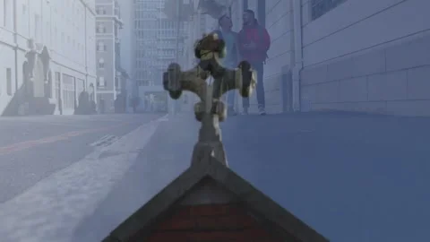 Two men approaching camera along snowy city sidewalk, design overlay tracking Stock Footage 329832879
