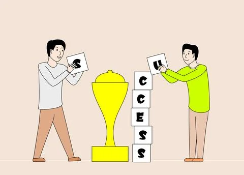 Two men are building a tower of blocks and one of them is holding a trophy Stock Illustration
