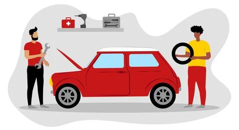 Two men are busy in a garage fixing a red car. One man is using a wrench while Stock Illustration
