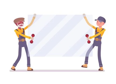 Two men are carrying a sheet of glass Stock Illustration