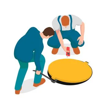 Two men are checking the manhole. Stock Illustration