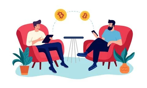 Two men are engaging in a thoughtful discussion about cryptocurrency in a c.. Stock Illustration