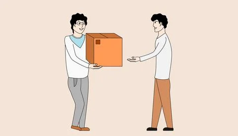 Two men are holding a box and one of them is smiling Illustrazione stock