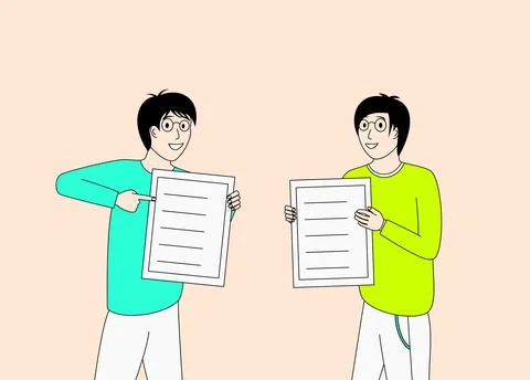 Two men are holding documents and pointing at them Stock Illustration