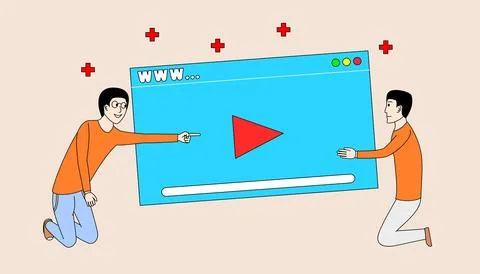 Two men are holding a large screen with a play button in the middle Stock Illustration