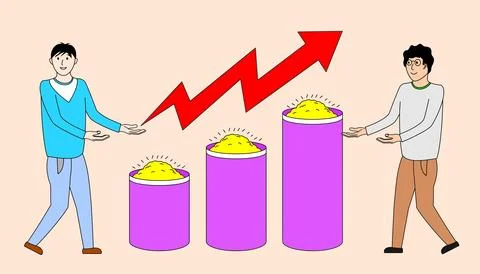 Two men are holding up a red arrow and purple cylinders Stock Illustration