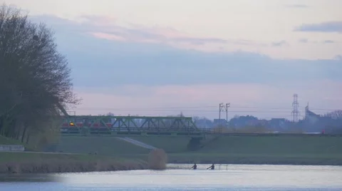 Two Men Are Kayaking Walking People Train People Paddle Canoes Glide Across the Stock Footage 60856077