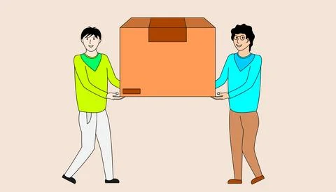 Two men are lifting a box together Stock Illustration