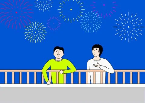 Two men are looking at fireworks from a balcony Stock Illustration