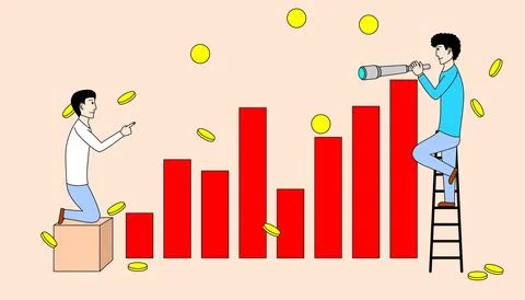 Two men are looking at a graph with red bars and yellow coins Stock Illustration