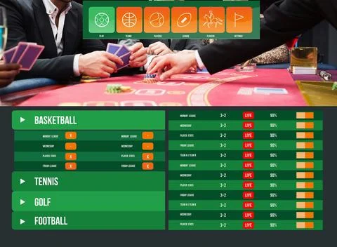Two men are playing cards at red felt table, digital sports dashboard overlaying Stock Illustration