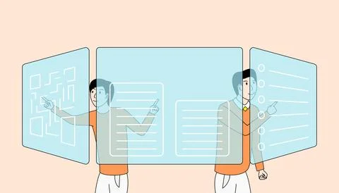 Two men are pointing at a blue screen Stock Illustration