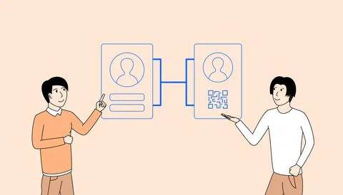 Two men are pointing at a screen with a diagram of two people and a QR code Stock Illustration