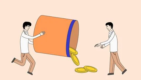 Two men are pulling a large orange container with coins inside Stock Illustration