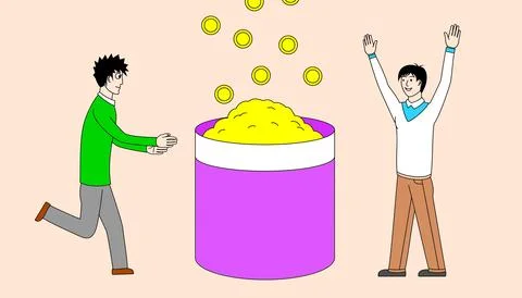 Two men are running towards a purple container with coins inside Stock Illustration