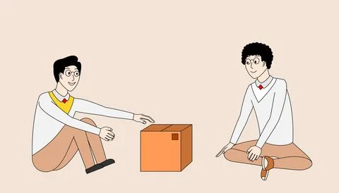 Two men are sitting on the floor, one of them is holding a box Stock Illustration