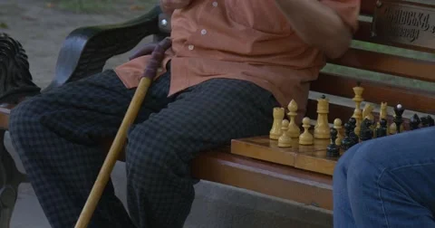 Two Men Are Sitting in Front of Each Other on The Bench, Playing Chess, Stock Footage 52195012