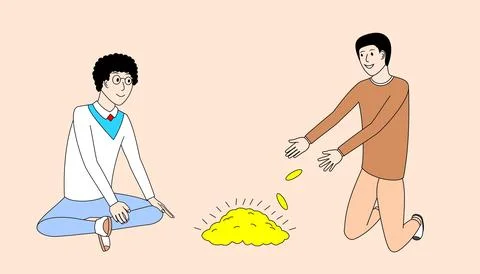 Two men are sitting on the ground, one of them getting a handful of gold coin Stock Illustration