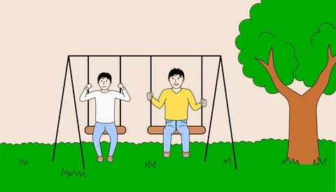 Two men are sitting on a swing set in a park Stock Illustration