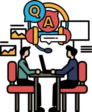 Two men are sitting at a table, one of them is wearing a headset 스톡 일러스트