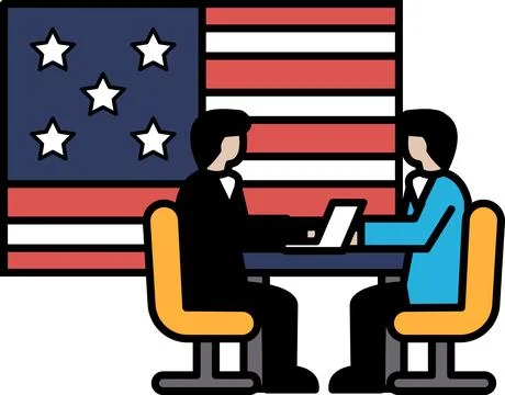Two men are sitting at a table in front of an American flag Stock Illustration