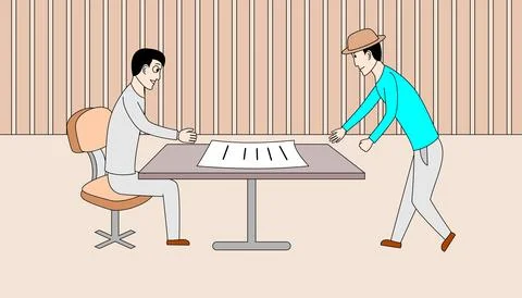 Two men are sitting at a table, one of them is trying to get a piece of paper Stock Illustration