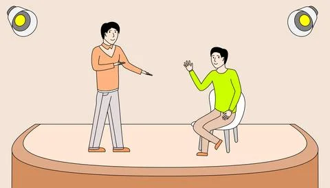 Two men are on stage, one is pointing at the other Stock Illustration