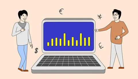 Two men are standing in front of a laptop computer with a graph on the screen Stock Illustration