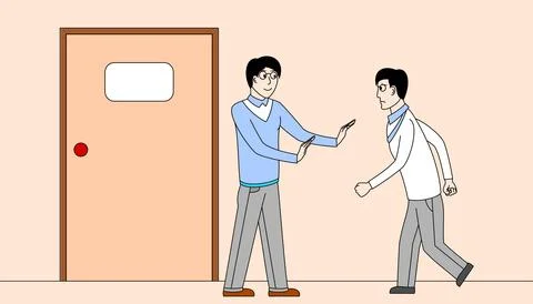 Two men are standing in front of a door, one of them is holding the other Stock Illustration