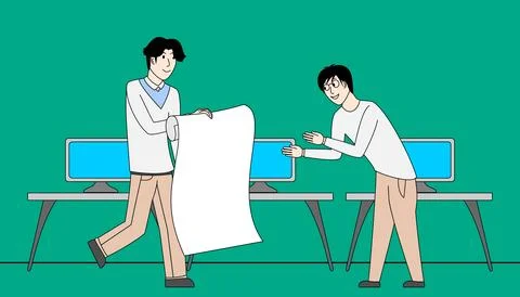 Two men are standing in front of a desk with a white piece of paper Stock Illustration