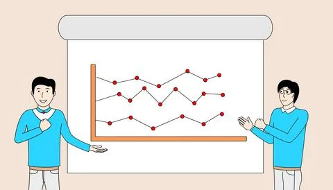 Two men are standing in front of a white board with a graph on it Stock Illustration