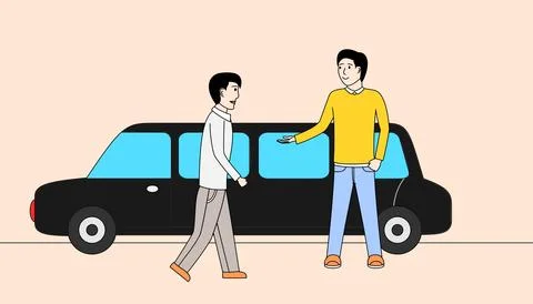 Two men are standing in front of a black limousine Stock Illustration