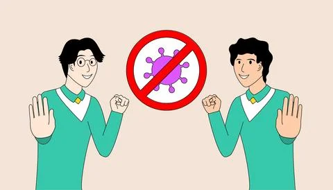 Two men are standing next to each other, and says no to viruses. Stock Illustration