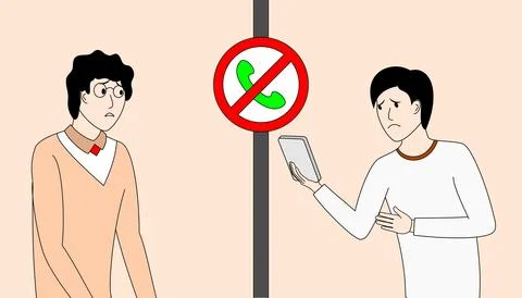 Two men are standing next to a pole with a no cell phone sign Stock Illustration
