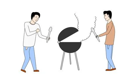 Two men are standing next to a grill, one of them holding a spatula Stock Illustration