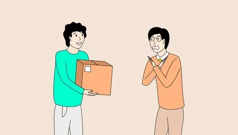 Two men are standing next to each other, one of them holding a box Stock Illustration