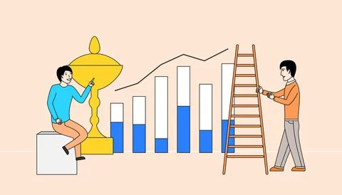 Two men are standing next to a ladder and a trophy Stock Illustration