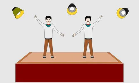 Two men are standing on a stage, one of them is holding a light Stock Illustration