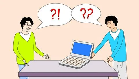 Two men are talking to each other at a table with a laptop in front of them Stock Illustration