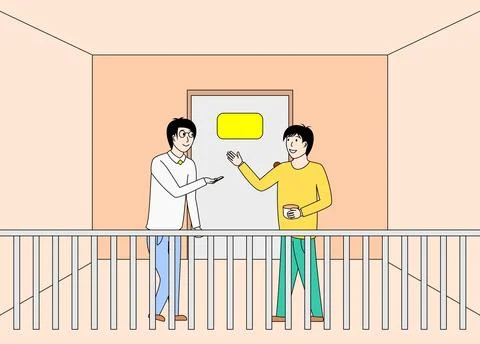 Two men are talking to each other on a balcony Stock Illustration