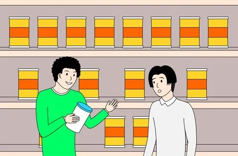 Two men are talking in a store. two men are discussing a product Stock Illustration