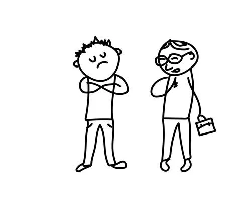 Two men are talking on a white background. Proud and humble. Sketch. Stock Illustration