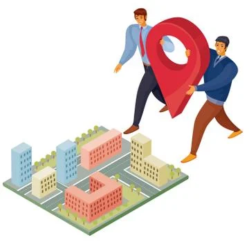 Two men are trying to put a navigation sign on the map, vector illustration Illustrazione stock