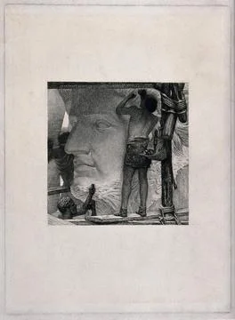 Two men are using hammers and chisels to sculpt the face of a statue. Etchi.. Stock Illustration