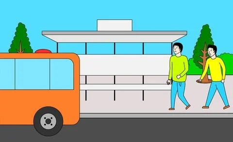 Two men are walking down the sidewalk near a bus stop Stock Illustration