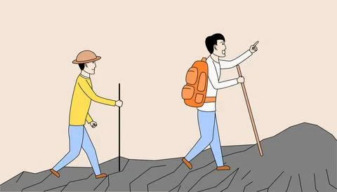 Two men are walking up a hill, the leader is pointing to the right Stock Illustration