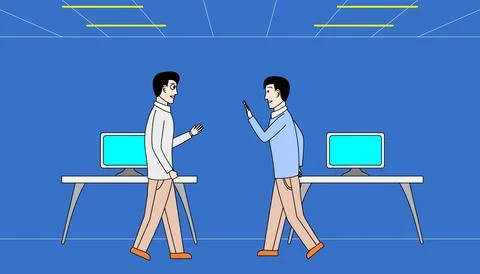 Two men are walking towards each other in a room office Stock Illustration