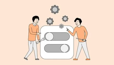 Two men are working. illustration of two people repairing a device Illustrazione stock