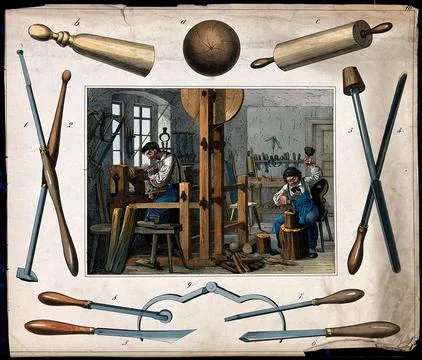 Two men are in a workshop making wooden objects such as rolling-pins, woode.. Stock Illustration