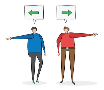 Two men arguing about direction. One says left, the other says right. Stock Illustration